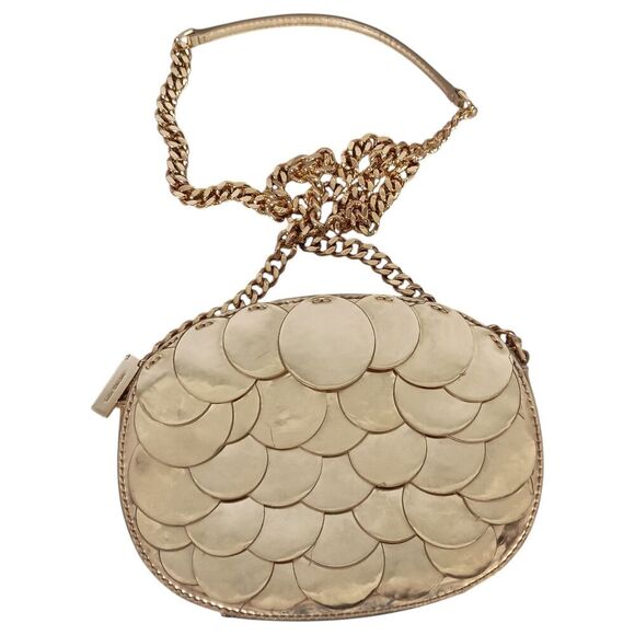 Michael Kors Handbag Small Womens Gold Leather Crossbody Chain Strap Fabric Zip - Picture 1 of 12